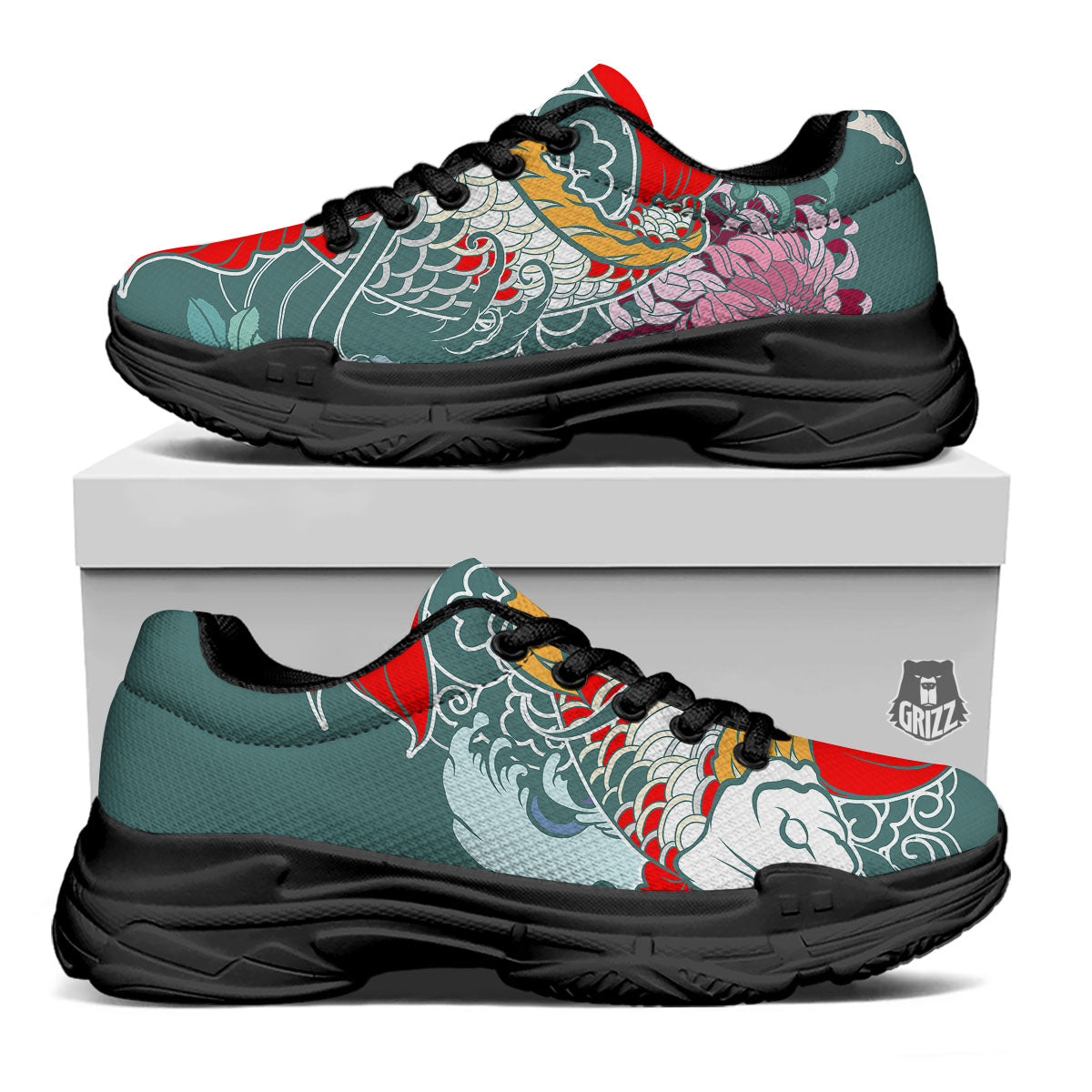 Tattoo Japanese Koi And Flower Print Black Chunky Shoes-grizzshop