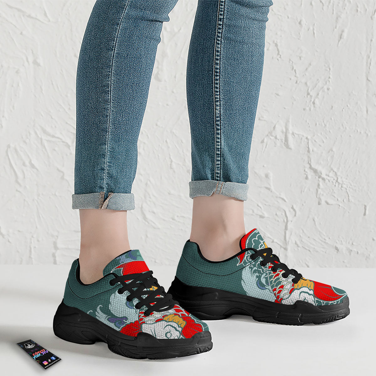 Tattoo Japanese Koi And Flower Print Black Chunky Shoes-grizzshop