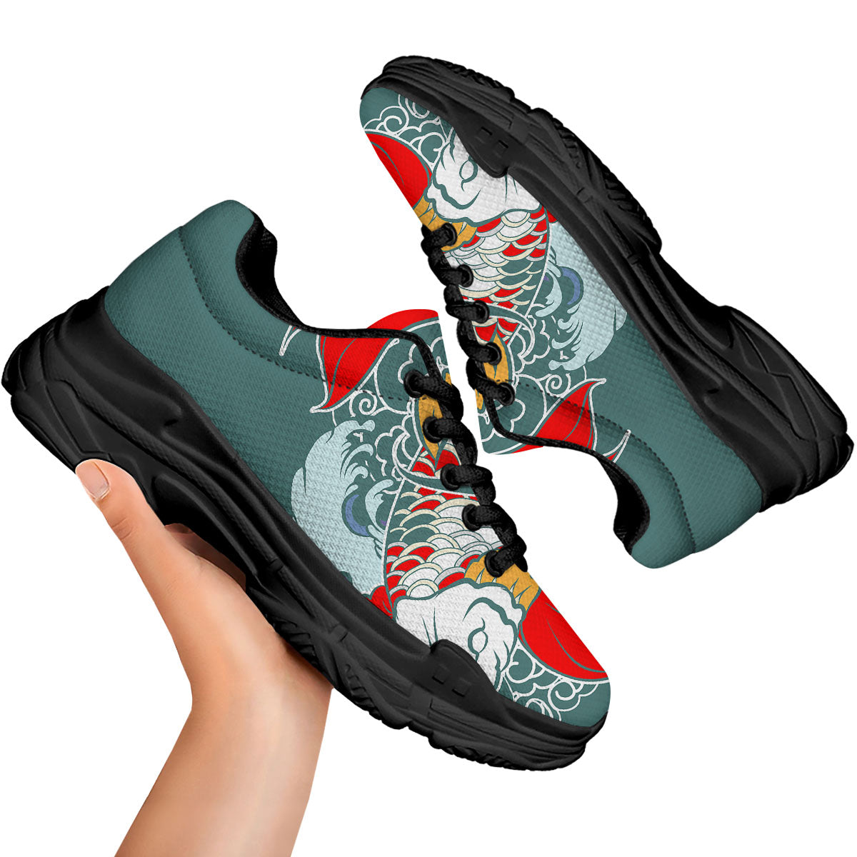 Tattoo Japanese Koi And Flower Print Black Chunky Shoes-grizzshop
