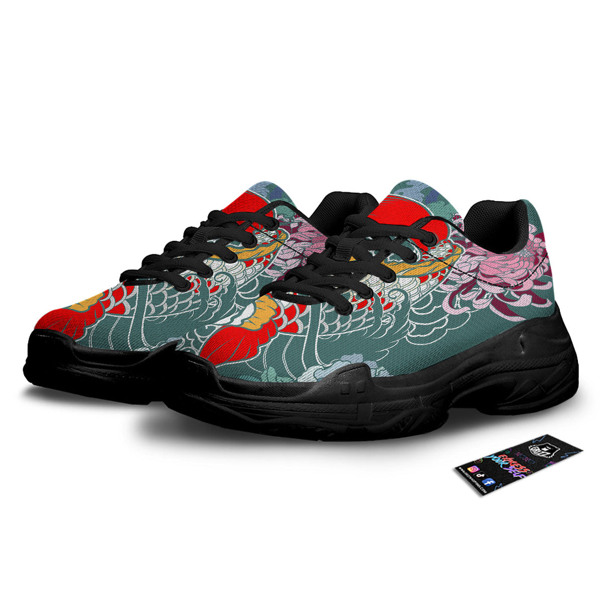Tattoo Japanese Koi And Flower Print Black Chunky Shoes-grizzshop