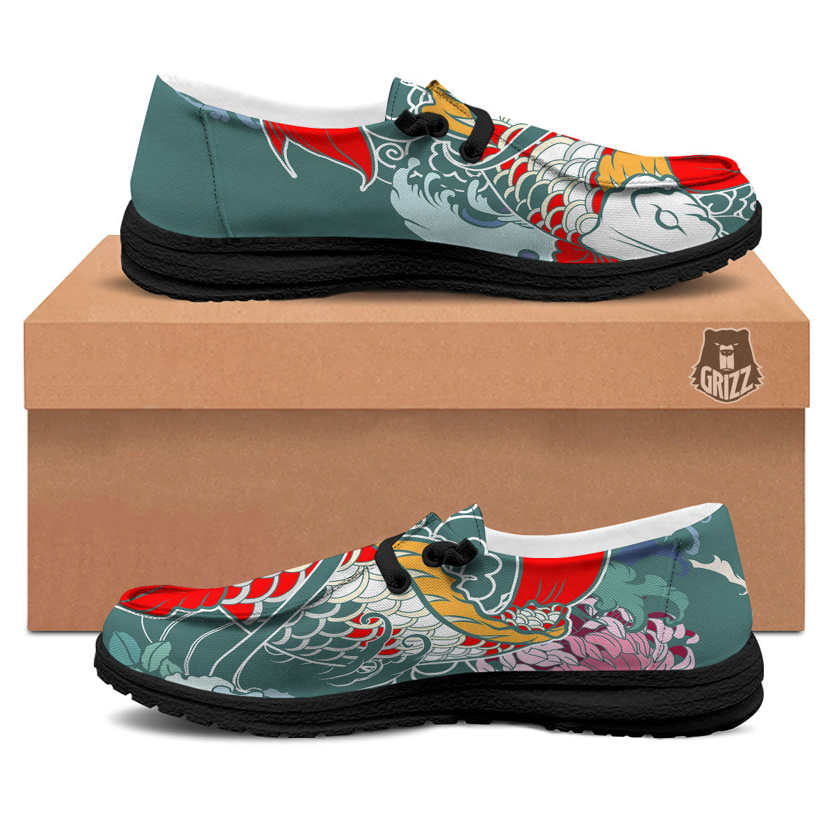 Tattoo Japanese Koi And Flower Print Black Loafers-grizzshop