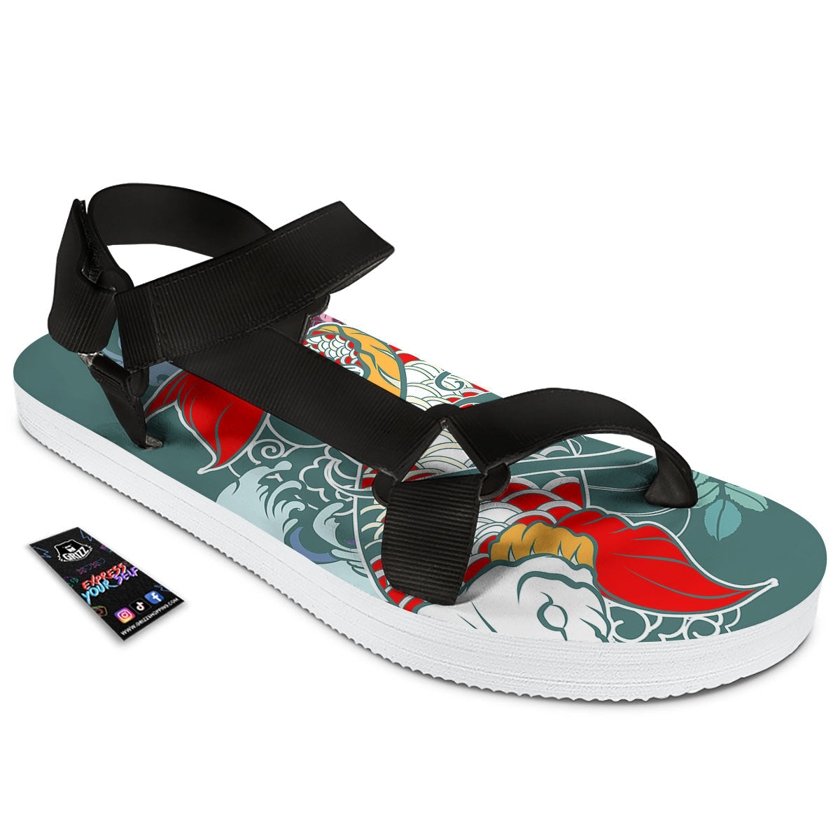 Tattoo Japanese Koi And Flower Print Black Open Toe Sandals-grizzshop