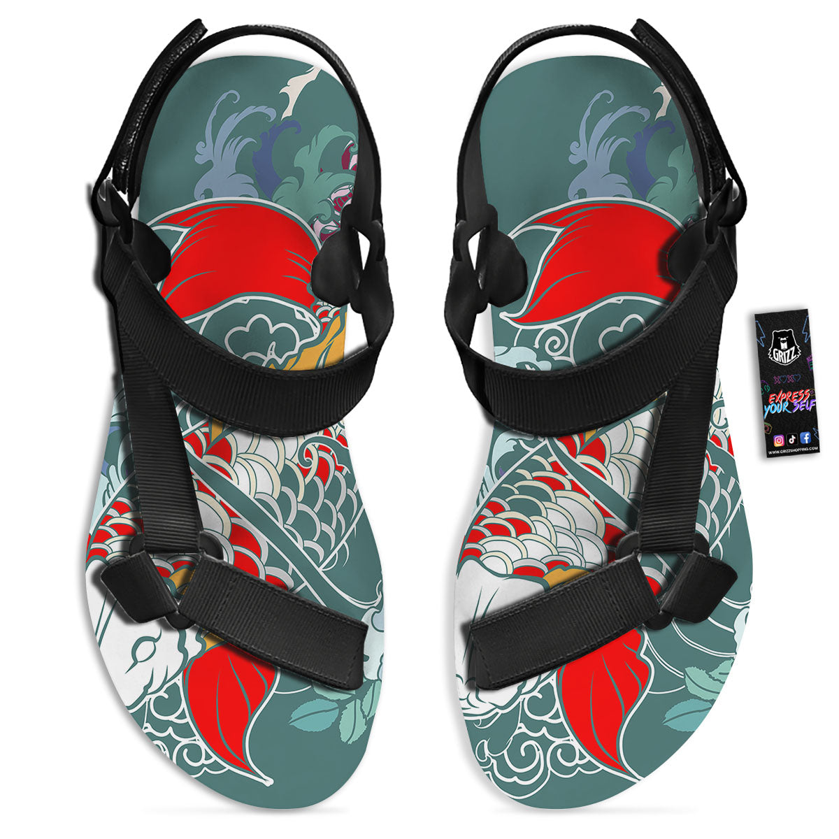 Tattoo Japanese Koi And Flower Print Black Open Toe Sandals-grizzshop