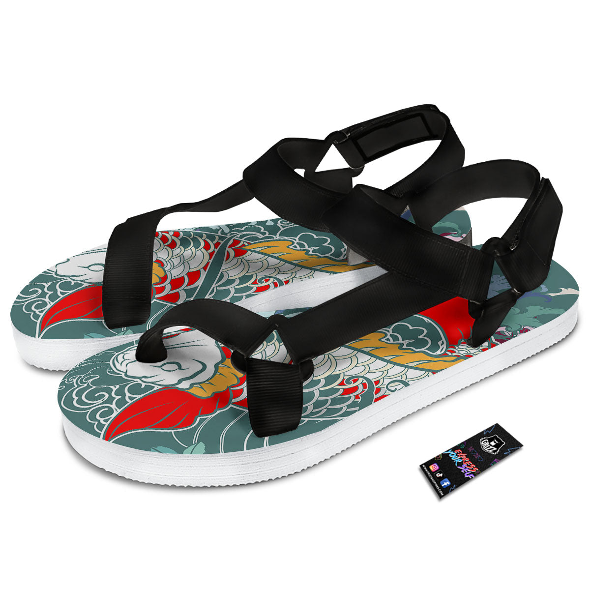 Tattoo Japanese Koi And Flower Print Black Open Toe Sandals-grizzshop