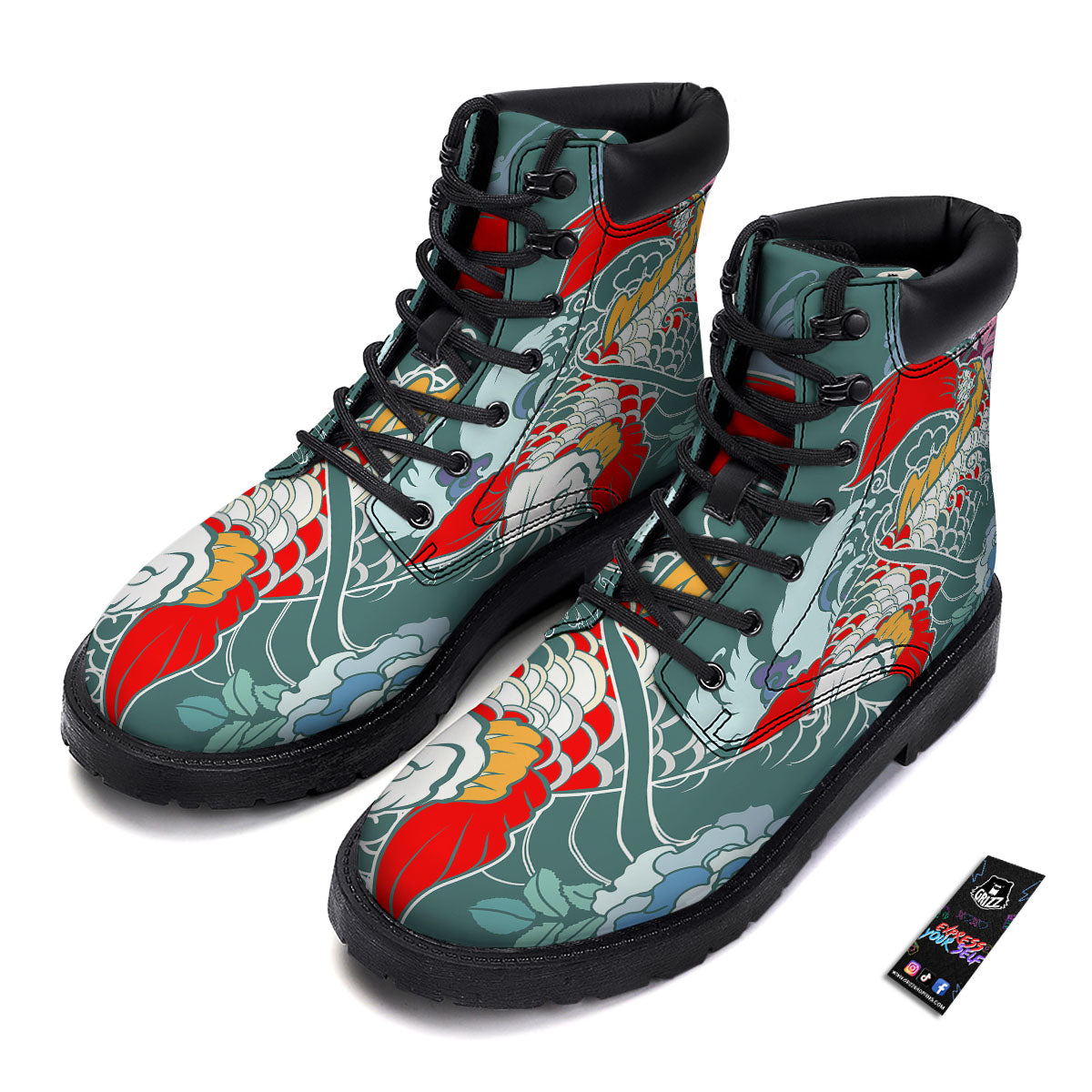 Tattoo Japanese Koi And Flower Print Boots-grizzshop