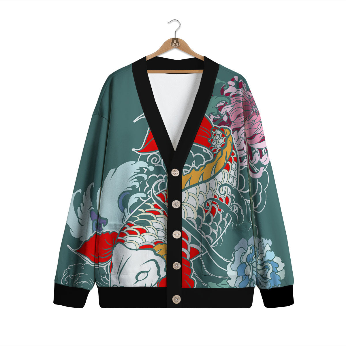Tattoo Japanese Koi And Flower Print Cardigan-grizzshop