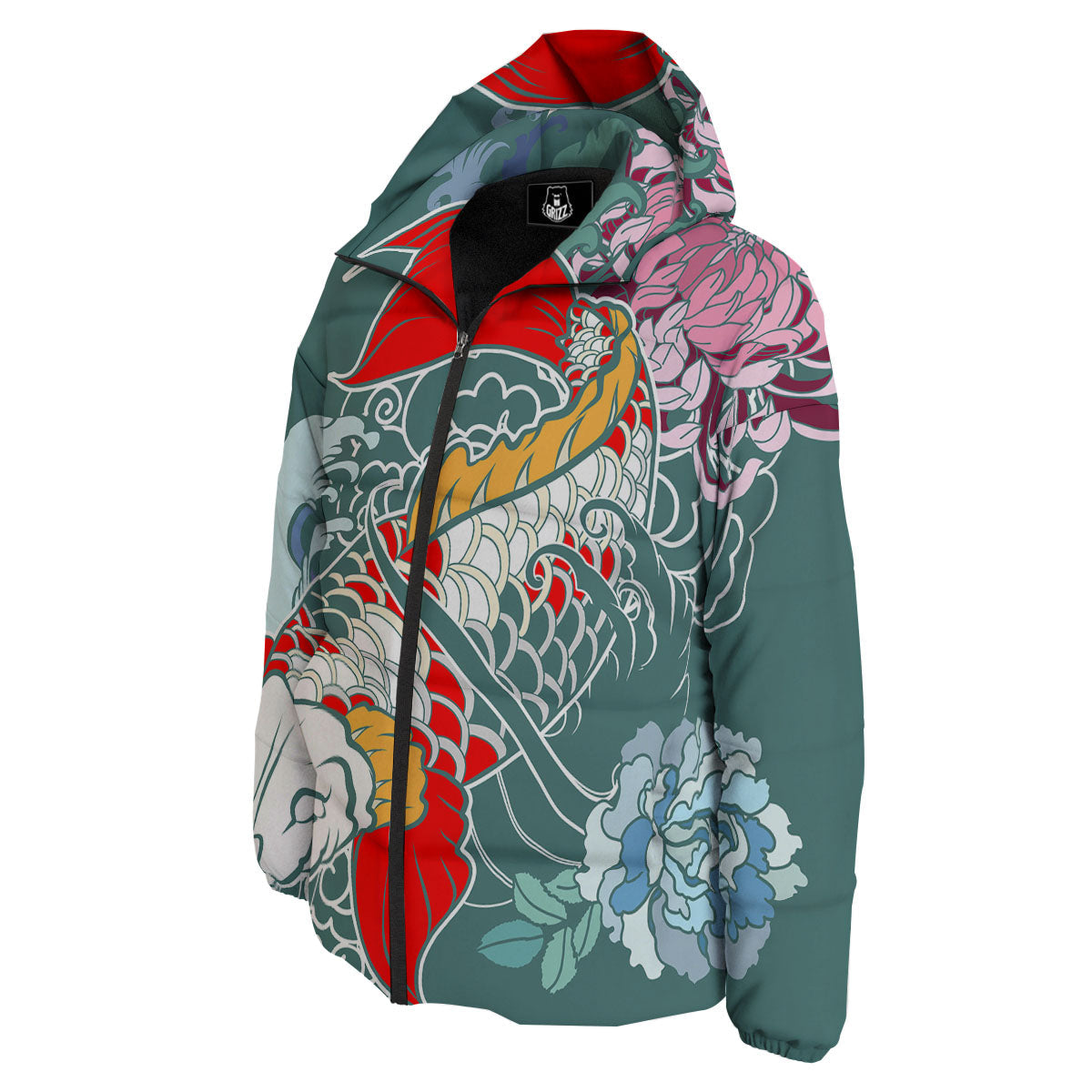 Tattoo Japanese Koi And Flower Print Down Jacket-grizzshop