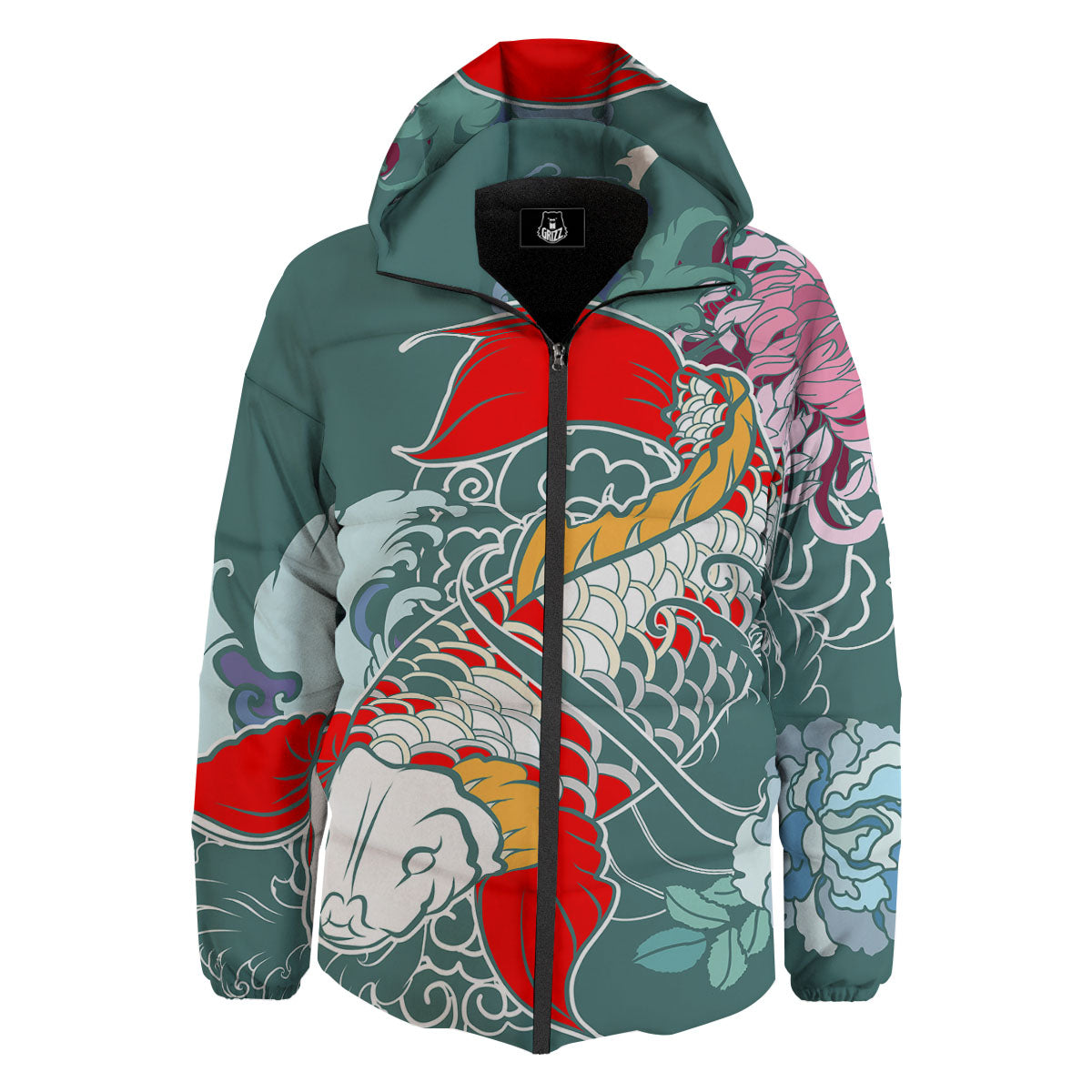 Tattoo Japanese Koi And Flower Print Down Jacket-grizzshop