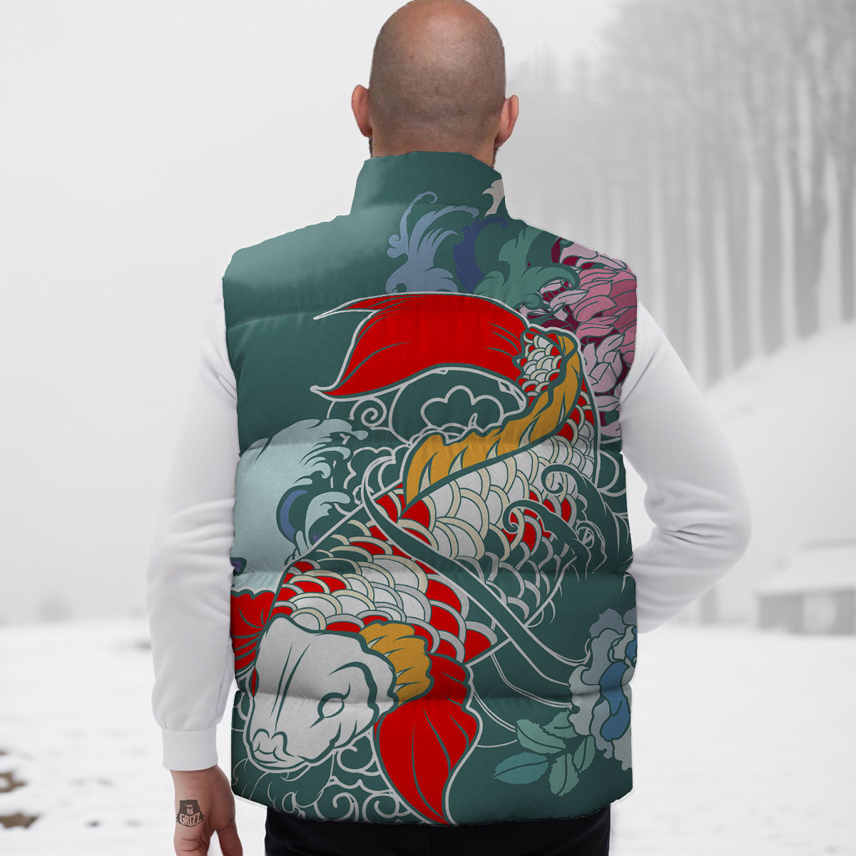 Tattoo Japanese Koi And Flower Print Down Vest