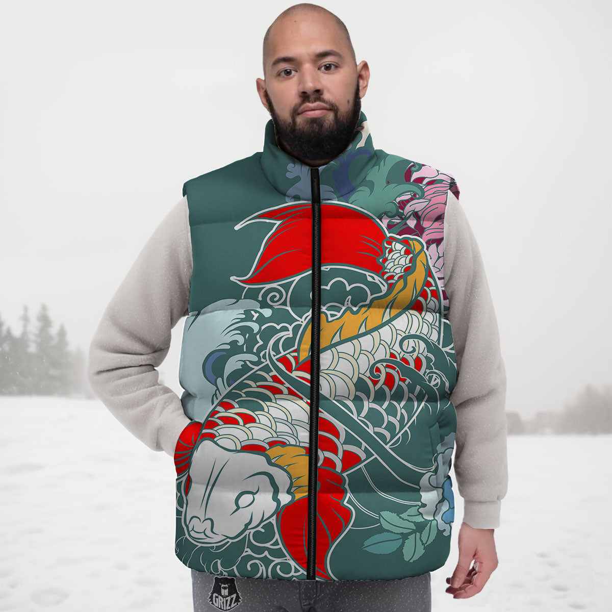 Tattoo Japanese Koi And Flower Print Down Vest