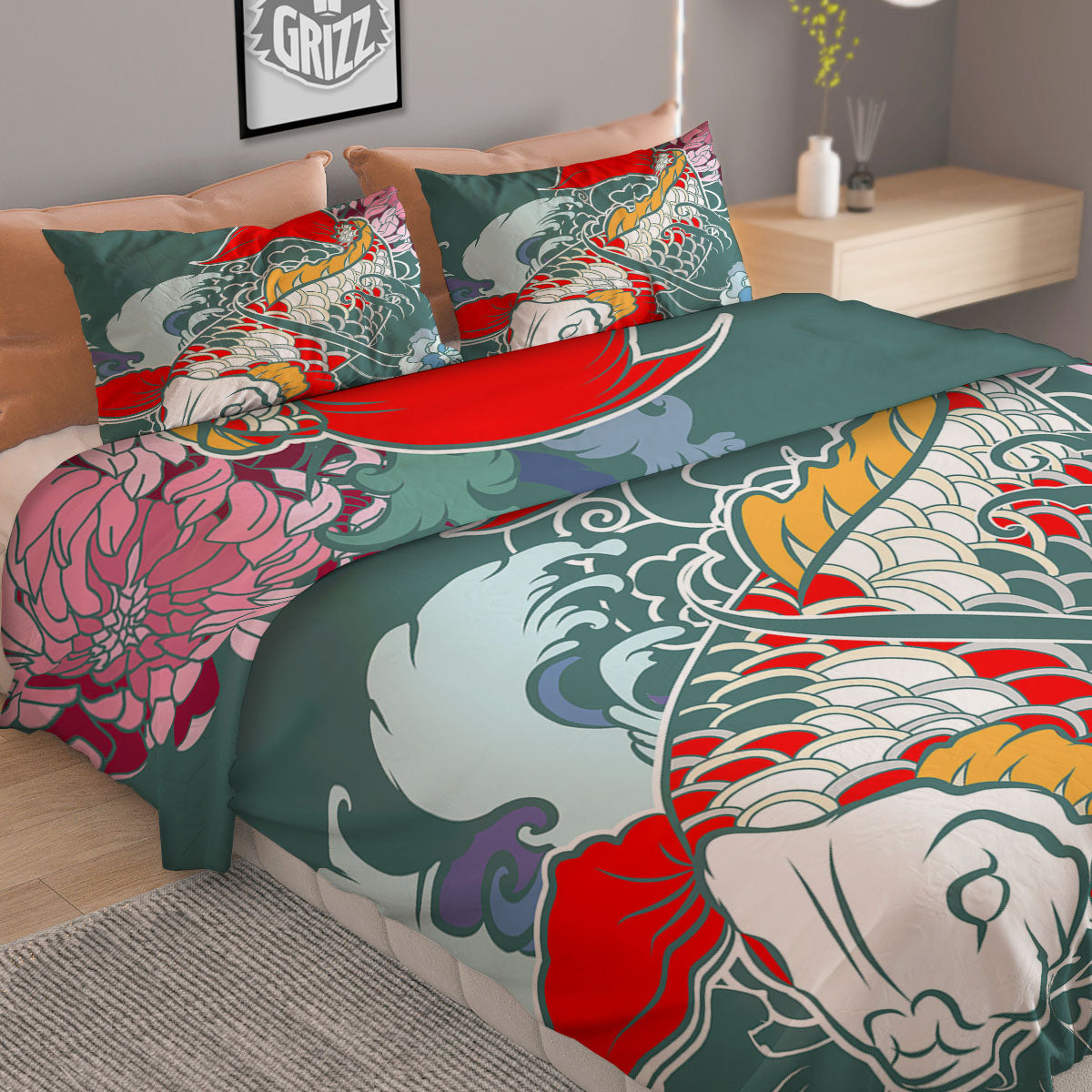 Tattoo Japanese Koi And Flower Print Duvet Cover Bedding Set