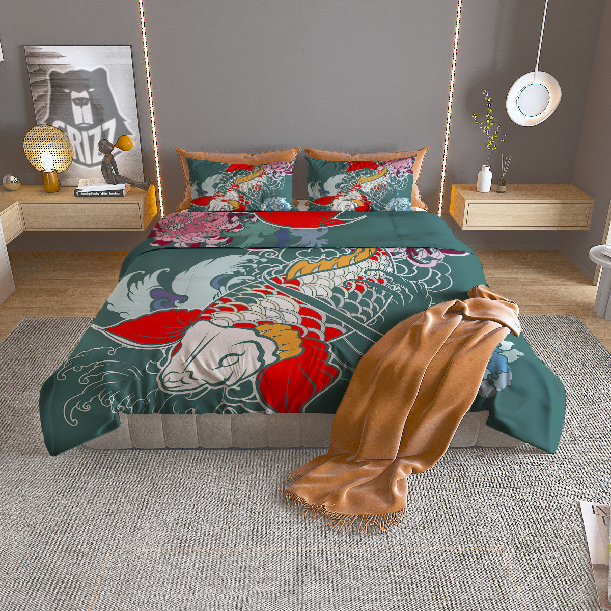Tattoo Japanese Koi And Flower Print Duvet Cover Bedding Set