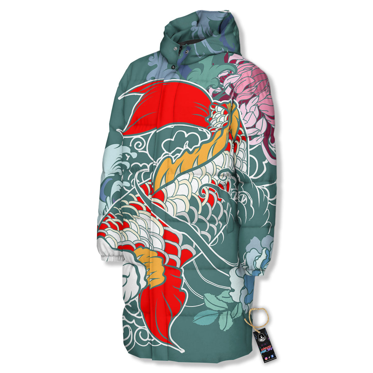 Tattoo Japanese Koi And Flower Print Long Down Jacket-grizzshop