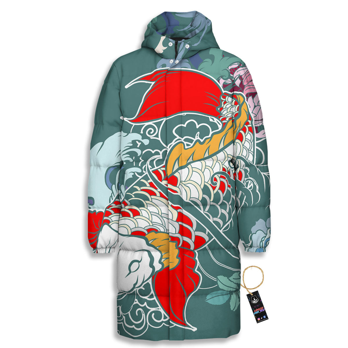 Tattoo Japanese Koi And Flower Print Long Down Jacket-grizzshop
