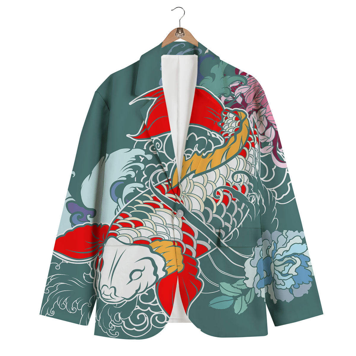 Tattoo Japanese Koi And Flower Print Men's Blazer-grizzshop