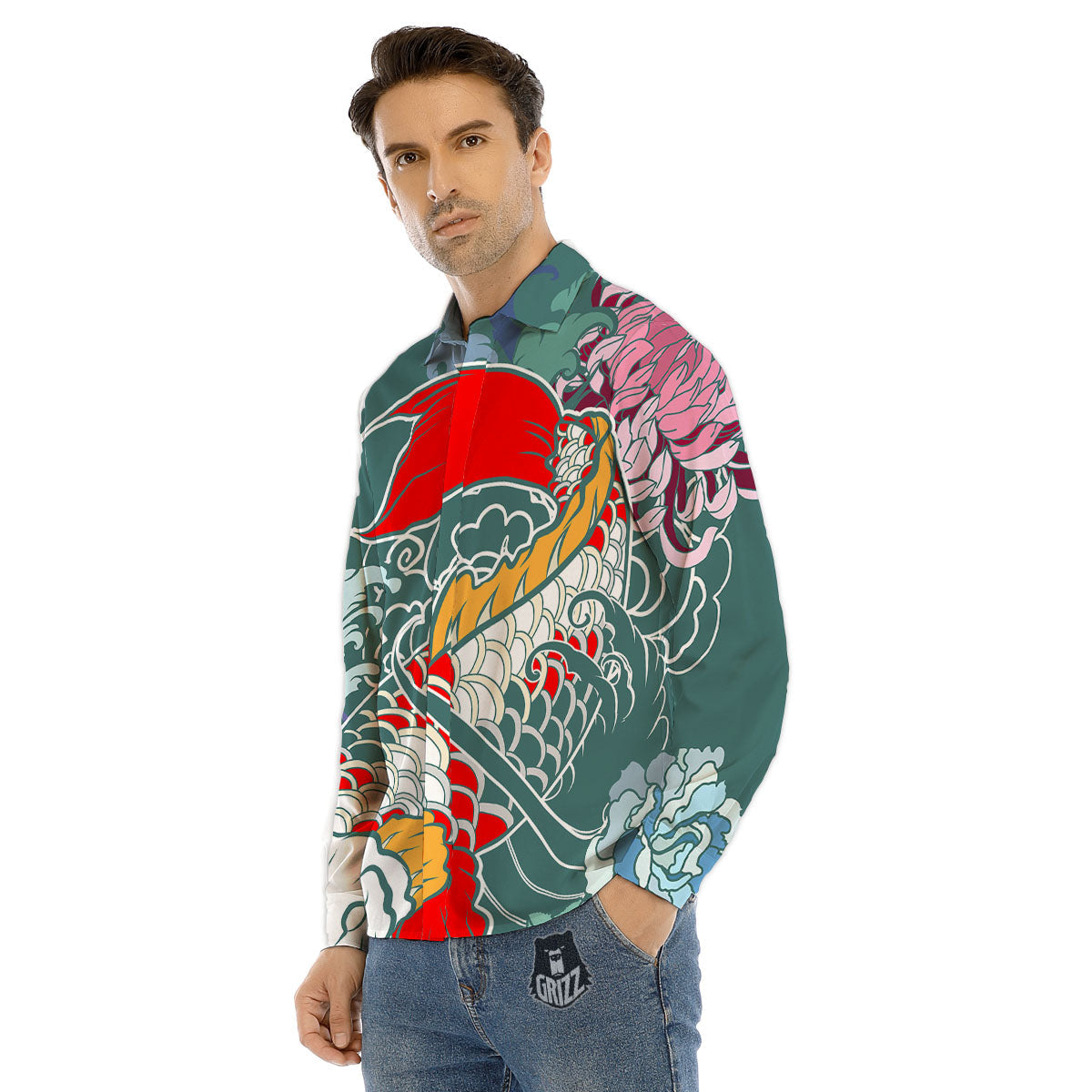 Tattoo Japanese Koi And Flower Print Men's Dress Shirts-grizzshop