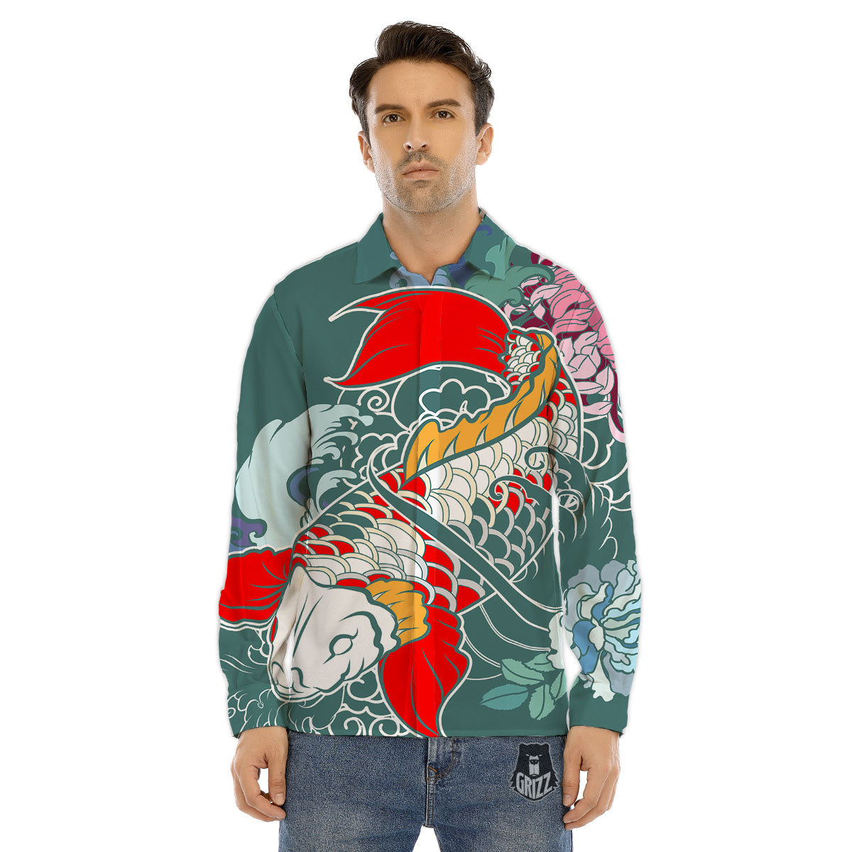 Tattoo Japanese Koi And Flower Print Men's Dress Shirts-grizzshop