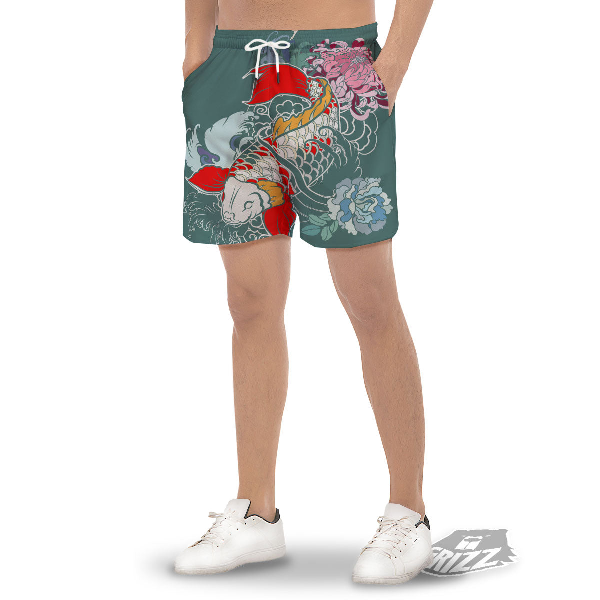 Tattoo Japanese Koi And Flower Print Men's Gym Shorts-grizzshop