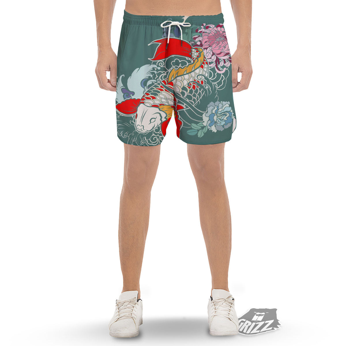Tattoo Japanese Koi And Flower Print Men's Gym Shorts-grizzshop
