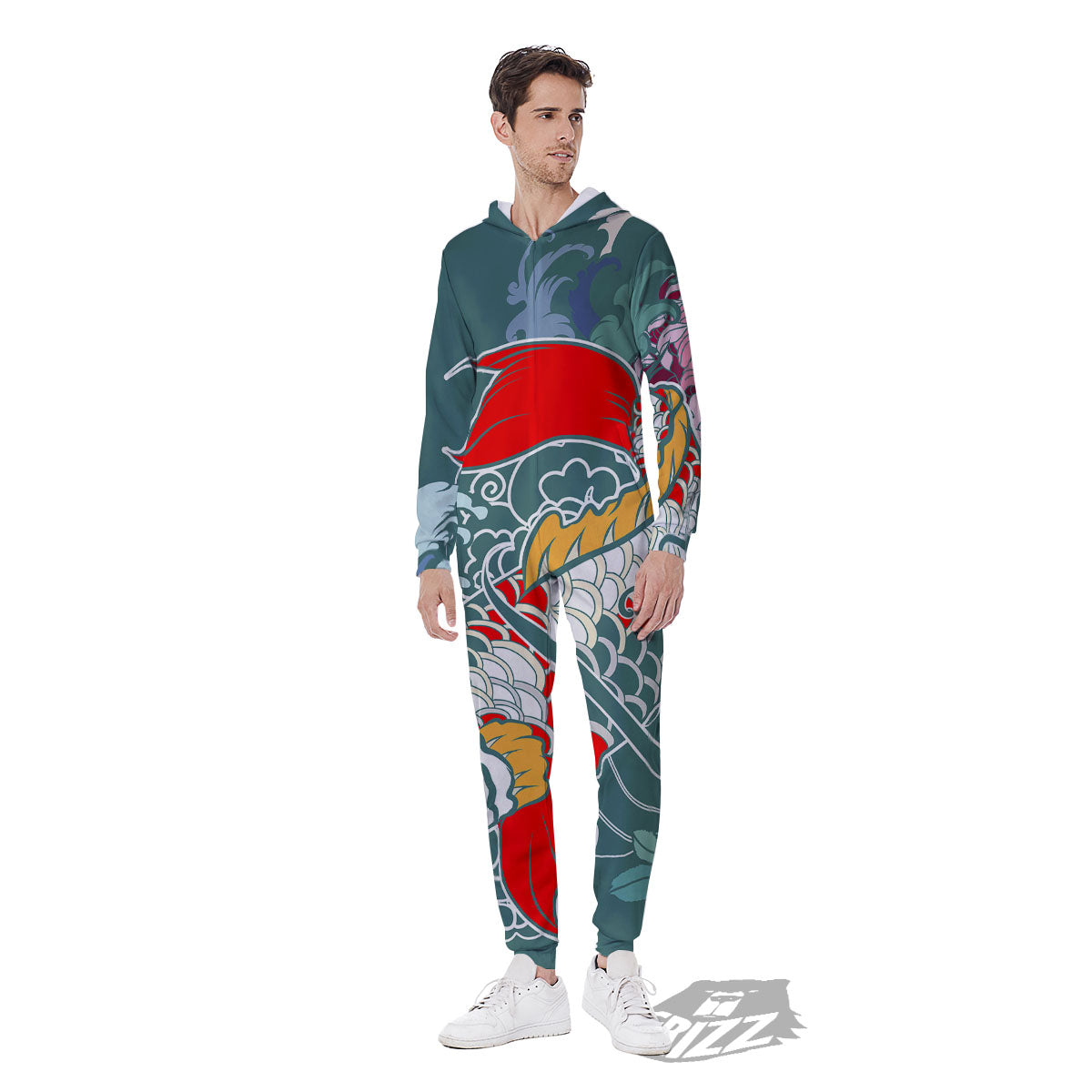 Tattoo Japanese Koi And Flower Print Men's Jumpsuit-grizzshop