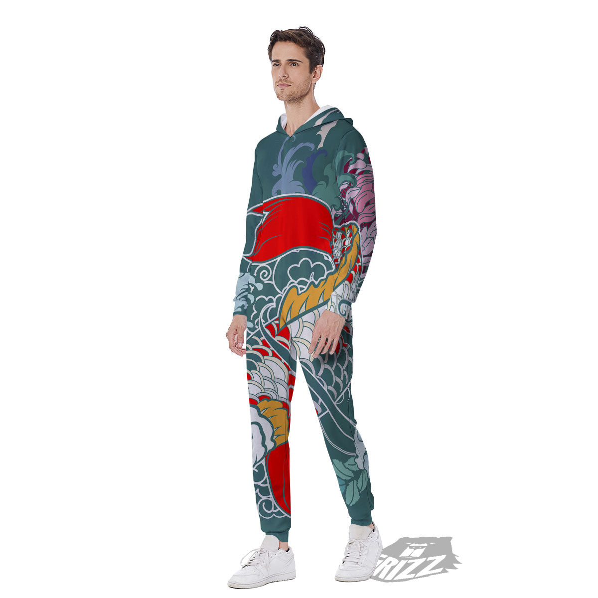 Tattoo Japanese Koi And Flower Print Men's Jumpsuit-grizzshop