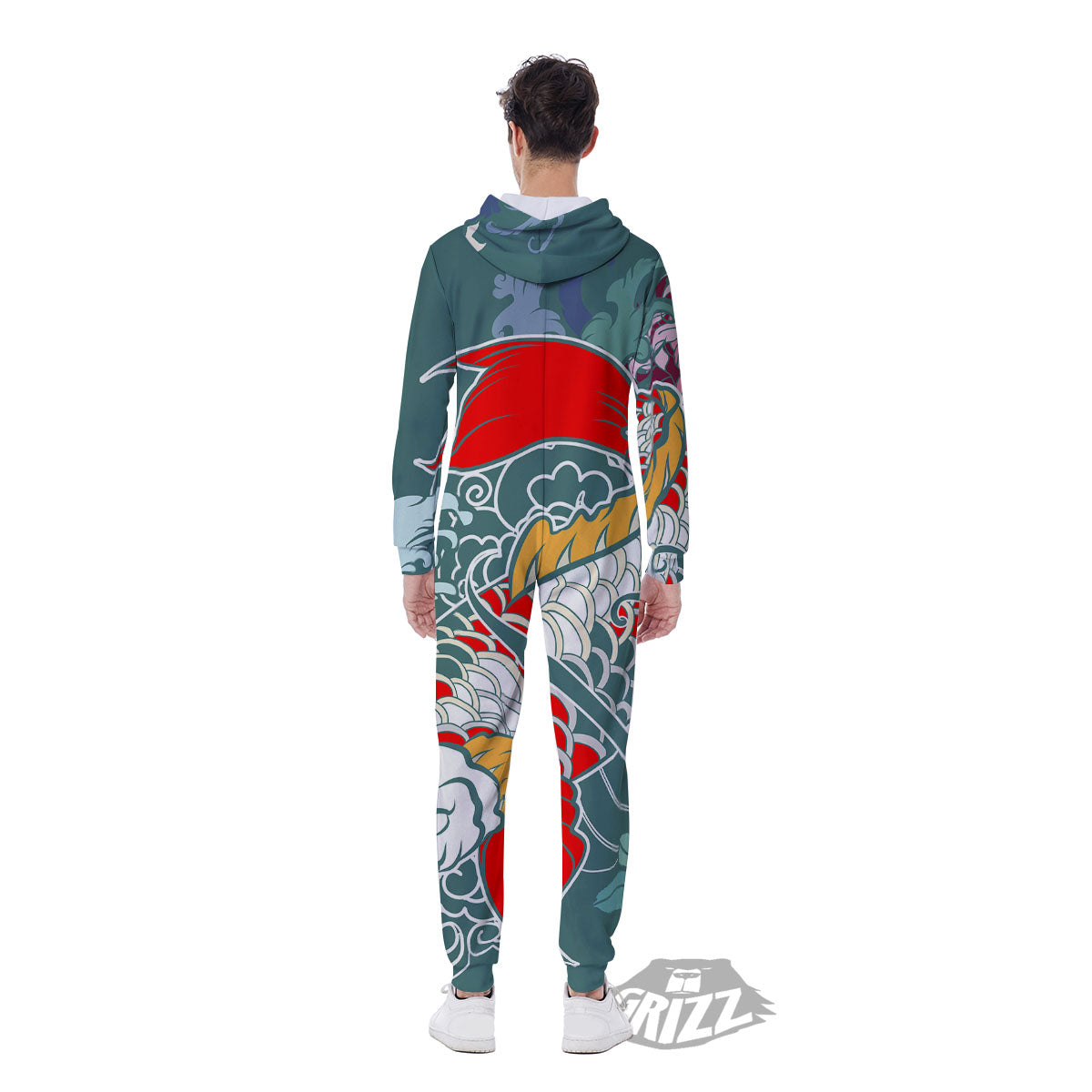 Tattoo Japanese Koi And Flower Print Men's Jumpsuit-grizzshop