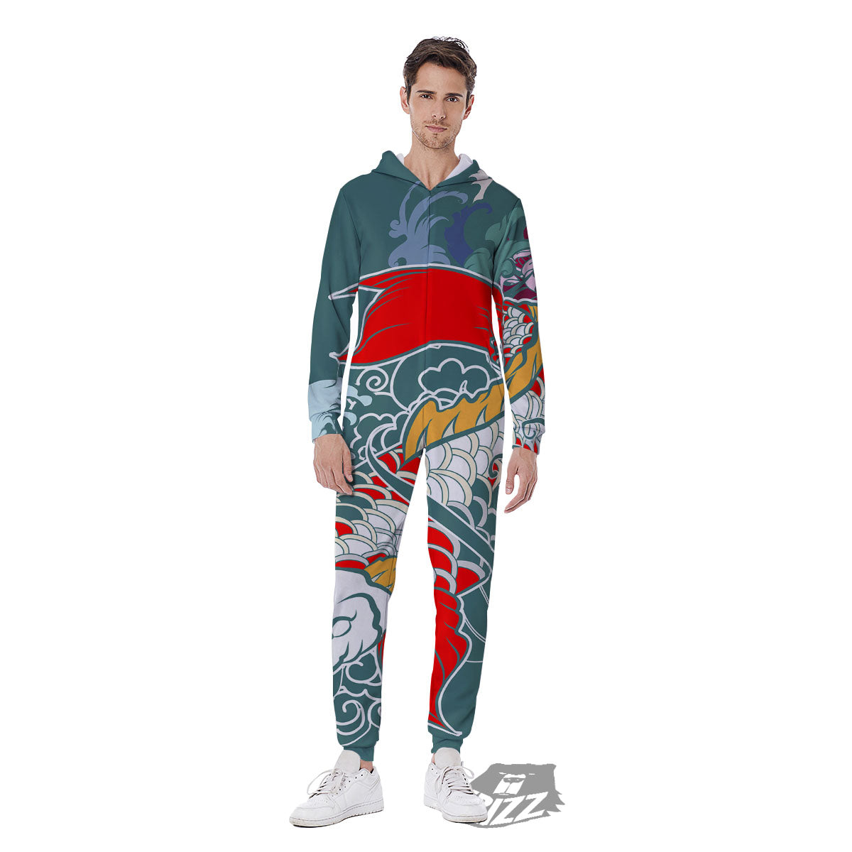Tattoo Japanese Koi And Flower Print Men's Jumpsuit-grizzshop