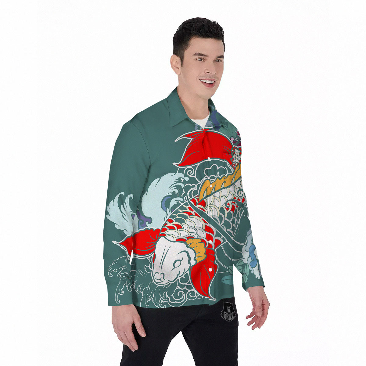 Tattoo Japanese Koi And Flower Print Men's Long Sleeve Shirts-grizzshop
