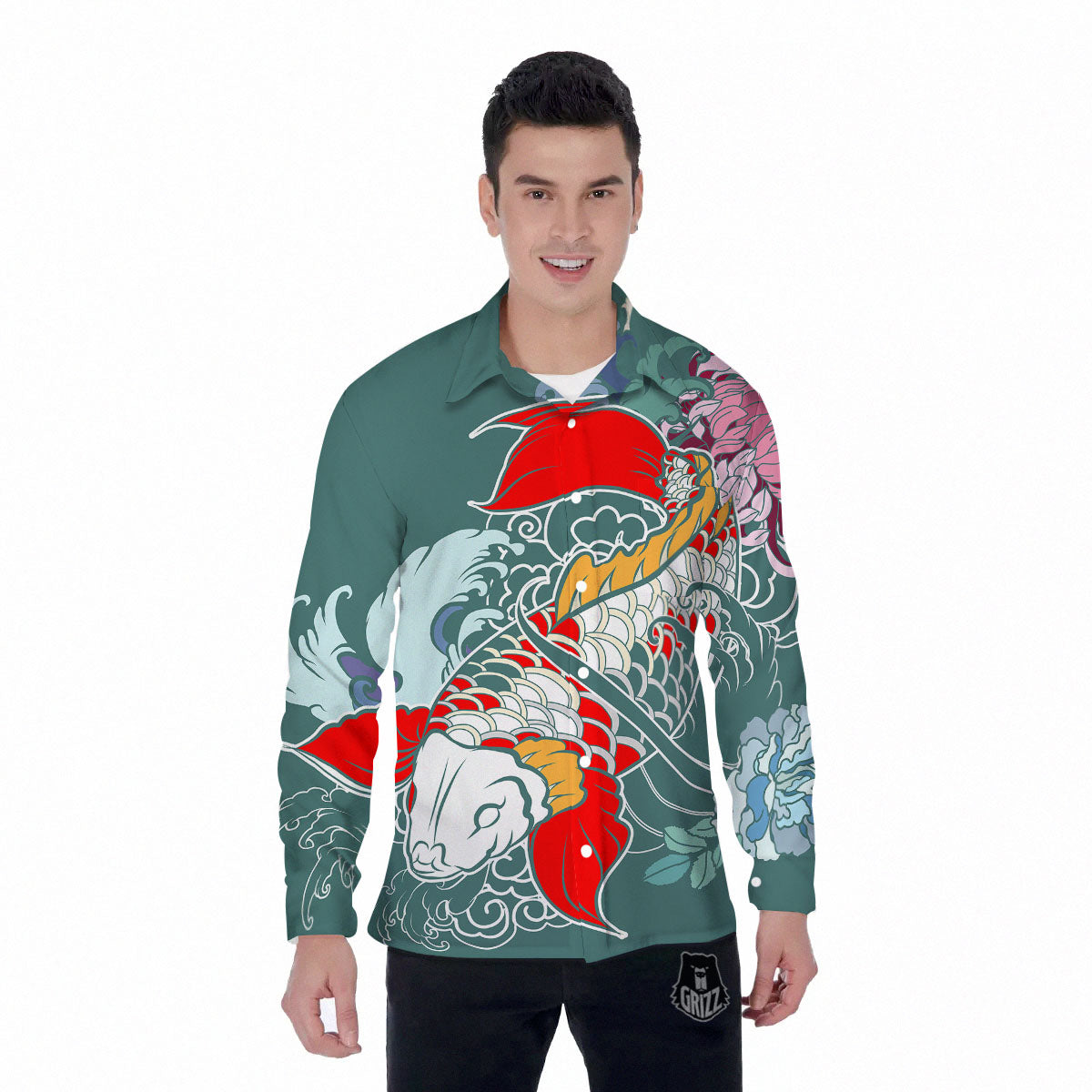 Tattoo Japanese Koi And Flower Print Men's Long Sleeve Shirts-grizzshop