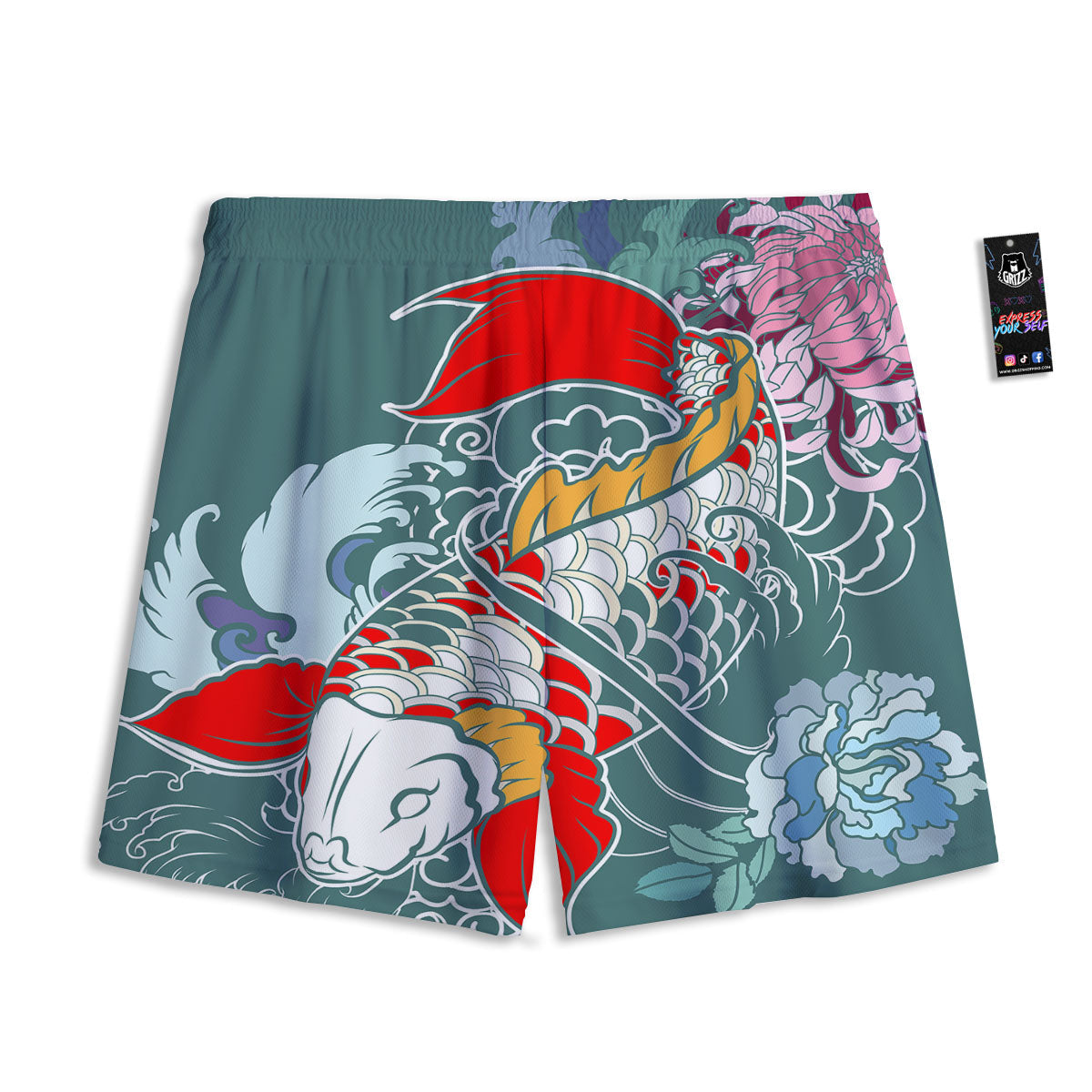 Tattoo Japanese Koi And Flower Print Mesh Shorts