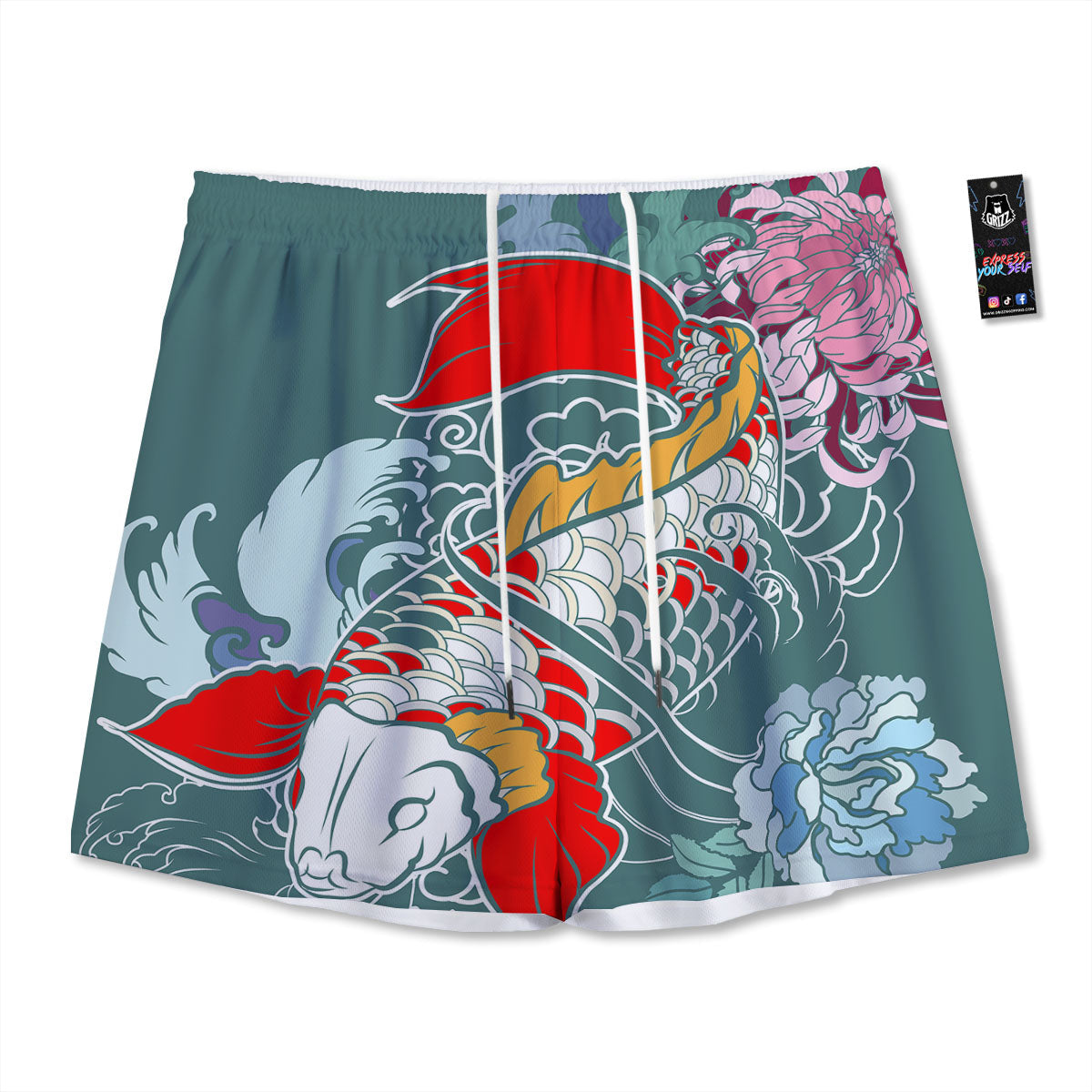 Tattoo Japanese Koi And Flower Print Mesh Shorts