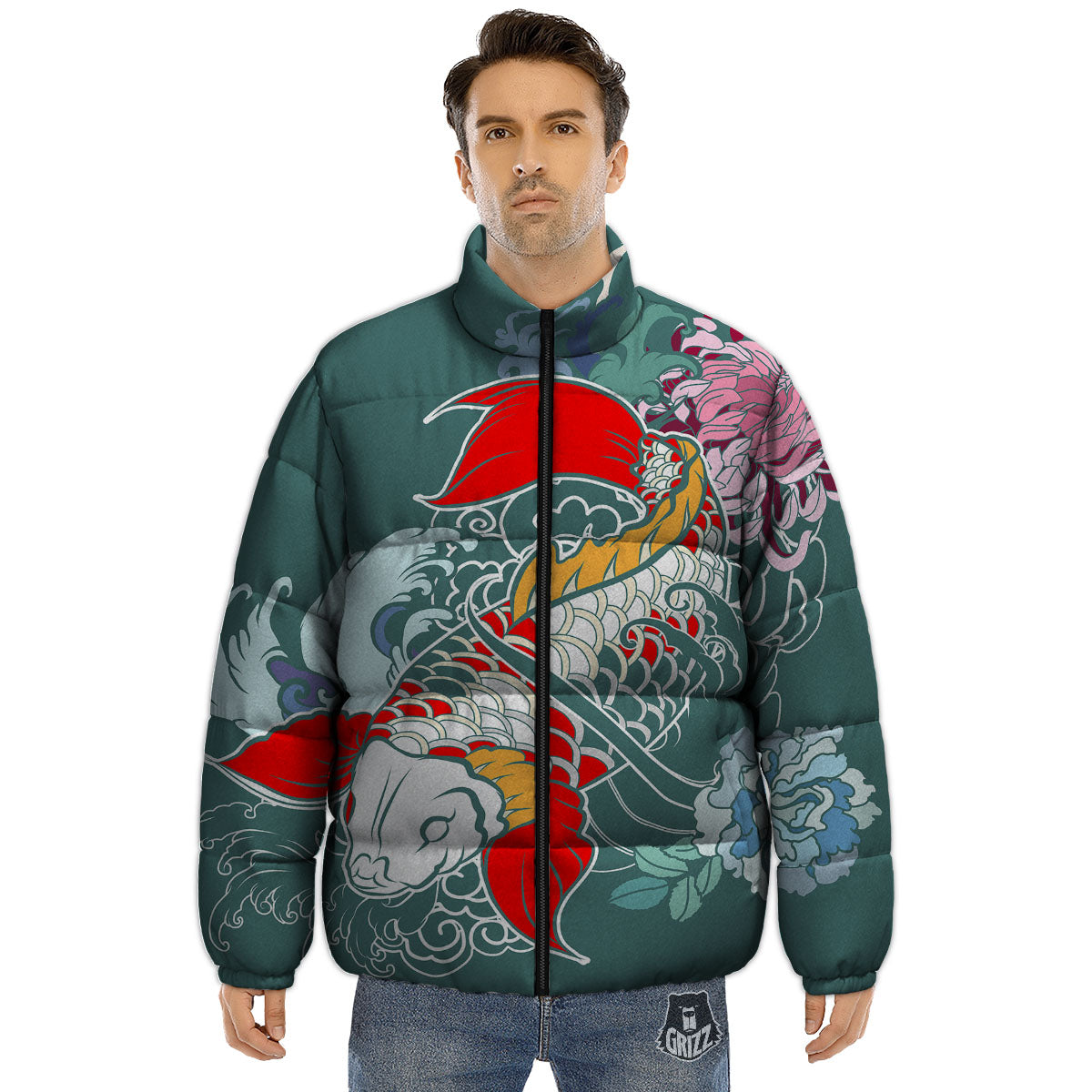 Tattoo Japanese Koi And Flower Print Puffer Jacket-grizzshop