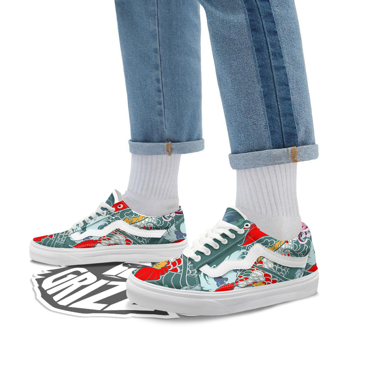 Tattoo Japanese Koi And Flower Print Skate Shoes-grizzshop