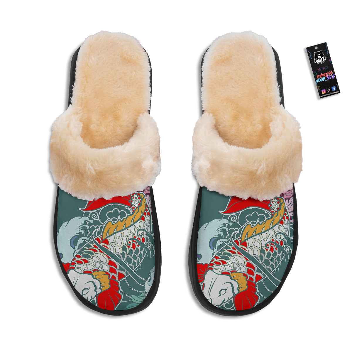 Tattoo Japanese Koi And Flower Print Slippers-grizzshop