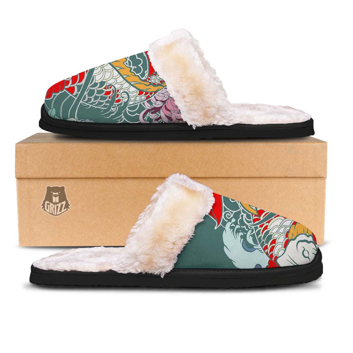 Tattoo Japanese Koi And Flower Print Slippers-grizzshop