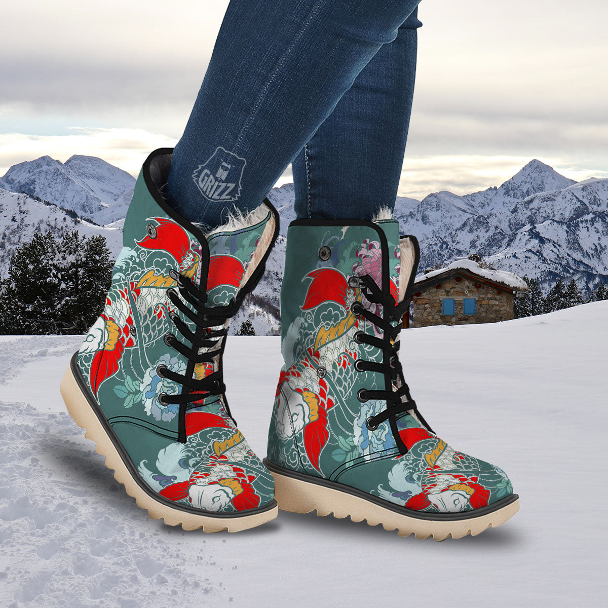 Tattoo Japanese Koi And Flower Print Snow Boots-grizzshop