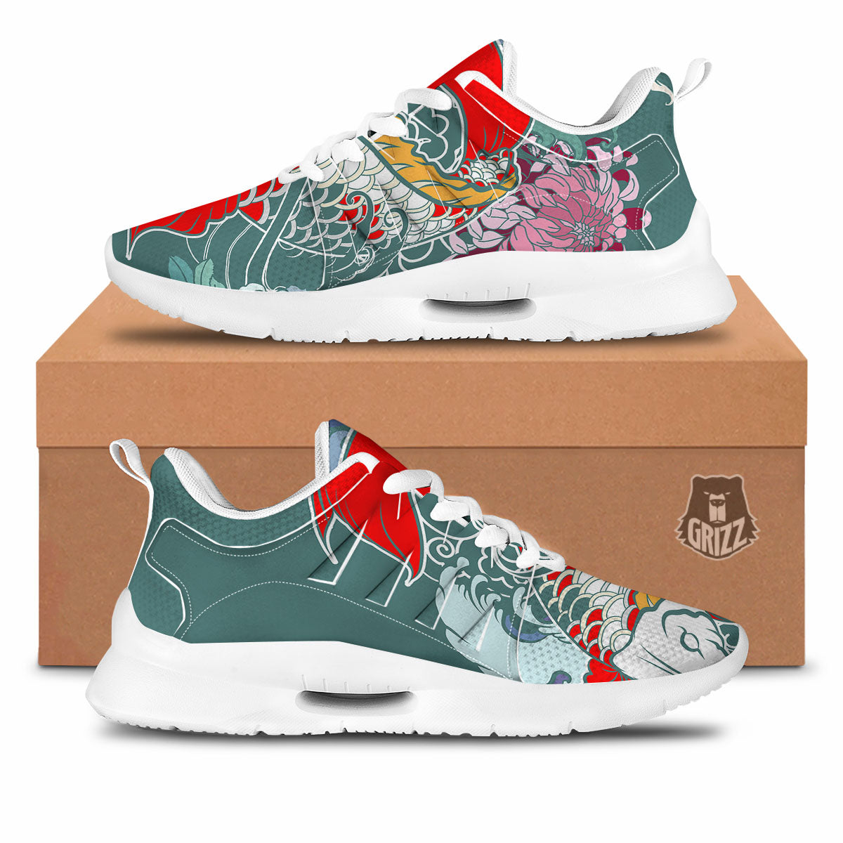Tattoo Japanese Koi And Flower Print Tennis Shoes-grizzshop