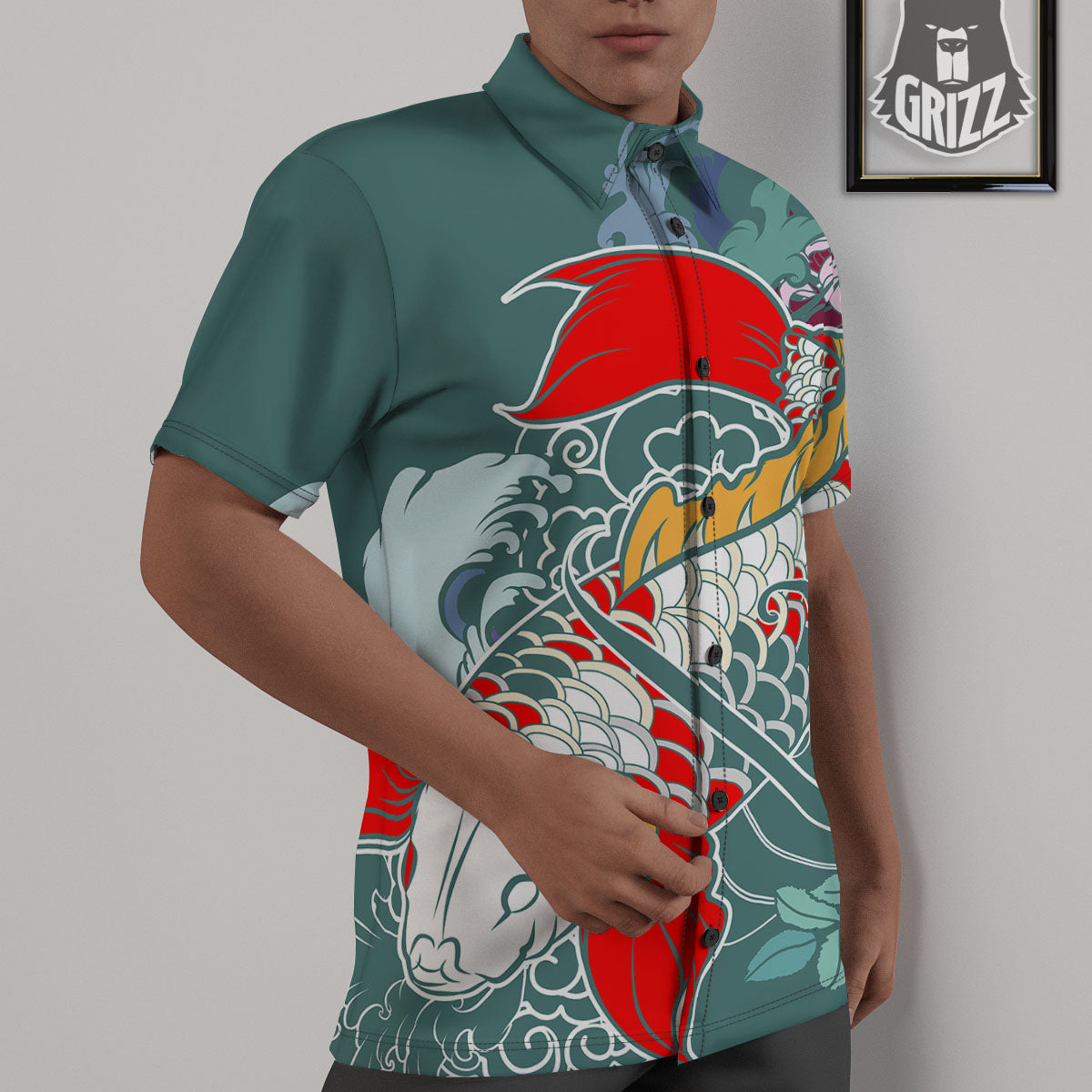 Tattoo Japanese Koi And Flower Print Untucked Shirts-grizzshop