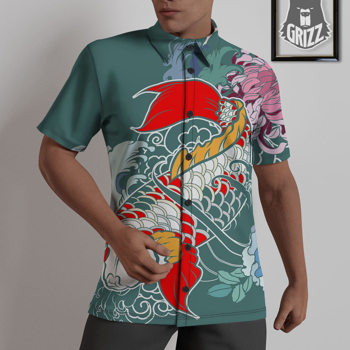 Tattoo Japanese Koi And Flower Print Untucked Shirts-grizzshop