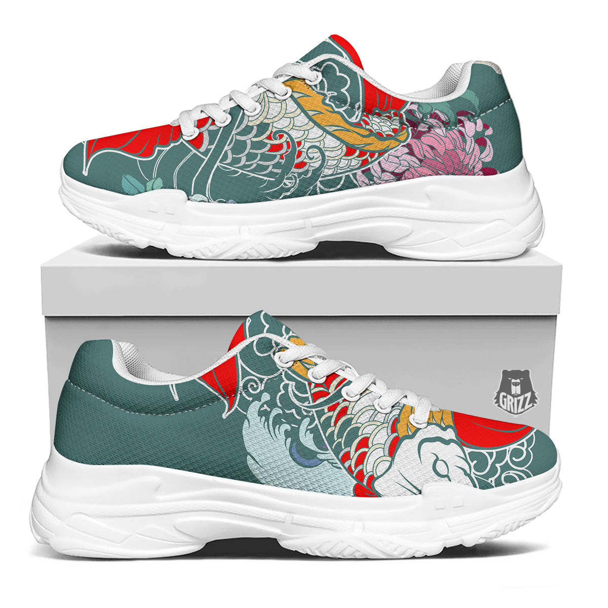 Tattoo Japanese Koi And Flower Print White Chunky Shoes-grizzshop