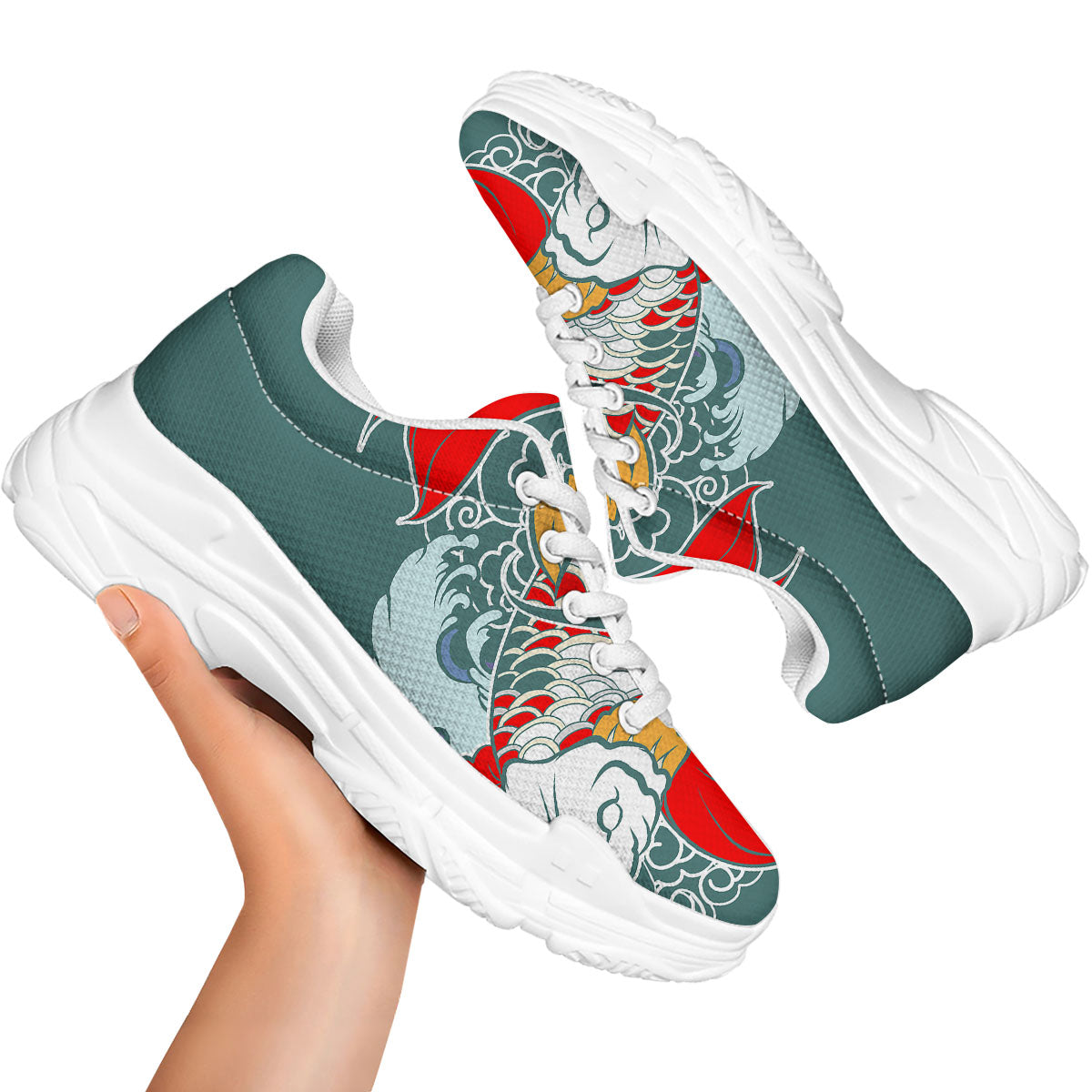 Tattoo Japanese Koi And Flower Print White Chunky Shoes-grizzshop