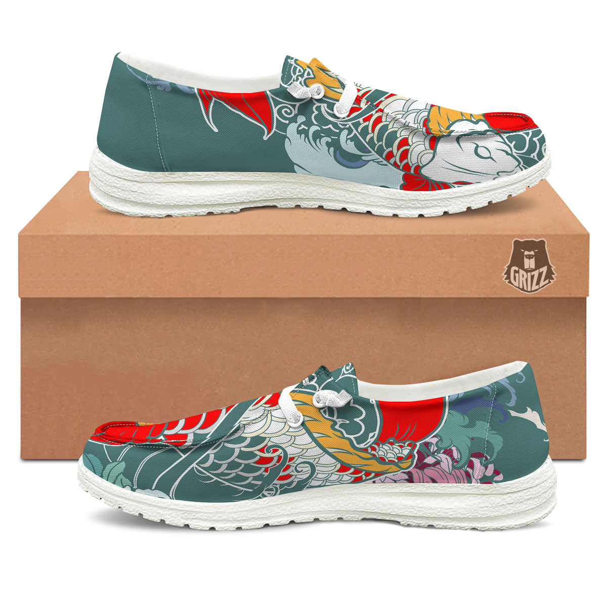 Tattoo Japanese Koi And Flower Print White Loafers-grizzshop
