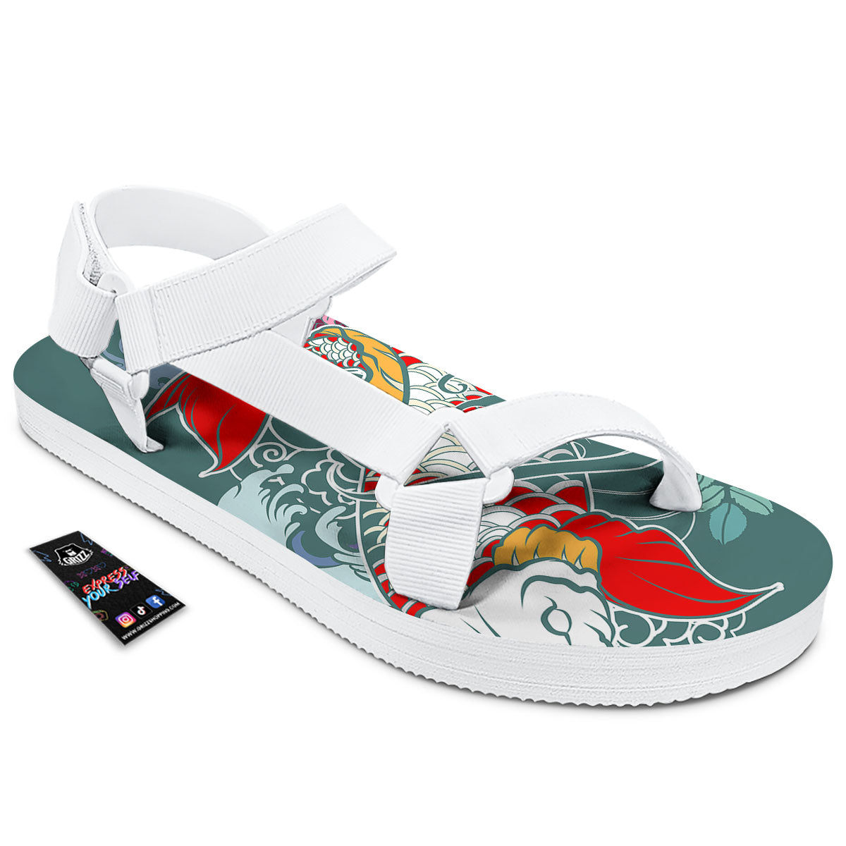 Tattoo Japanese Koi And Flower Print White Open Toe Sandals-grizzshop