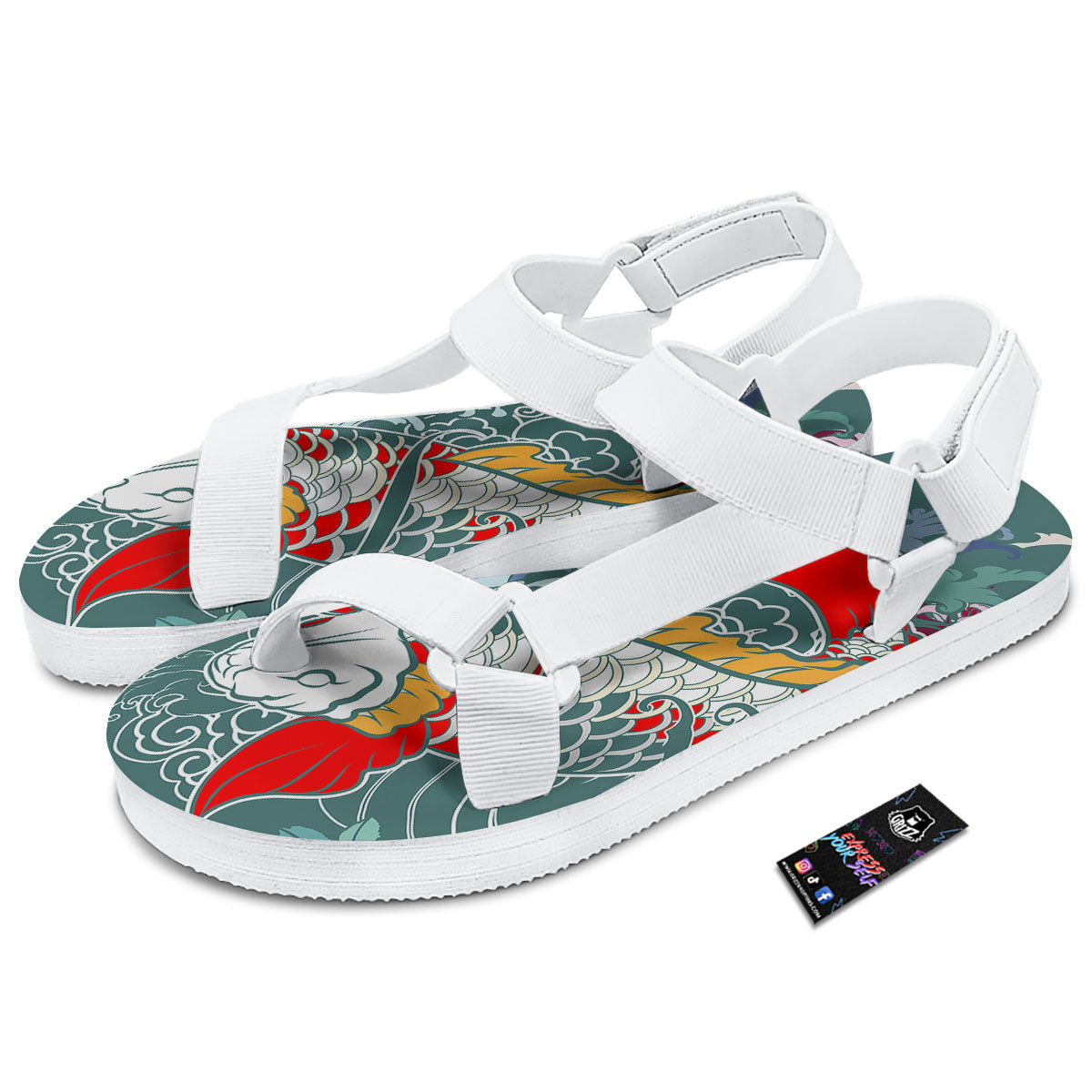 Tattoo Japanese Koi And Flower Print White Open Toe Sandals-grizzshop