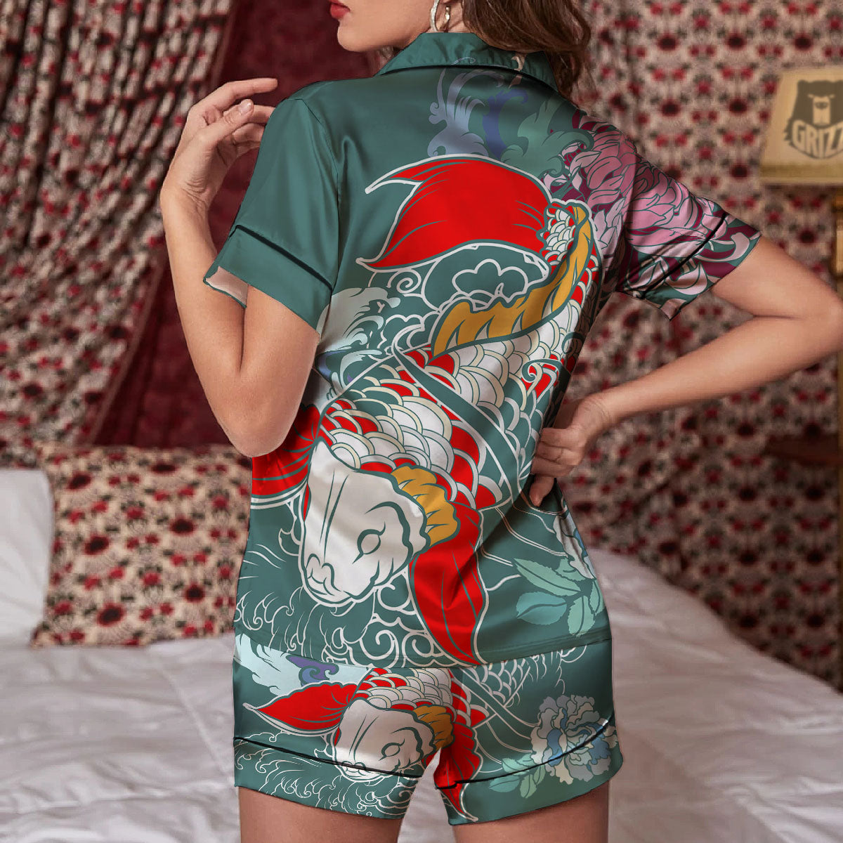 Tattoo Japanese Koi And Flower Print Women Silk Pajamas-grizzshop
