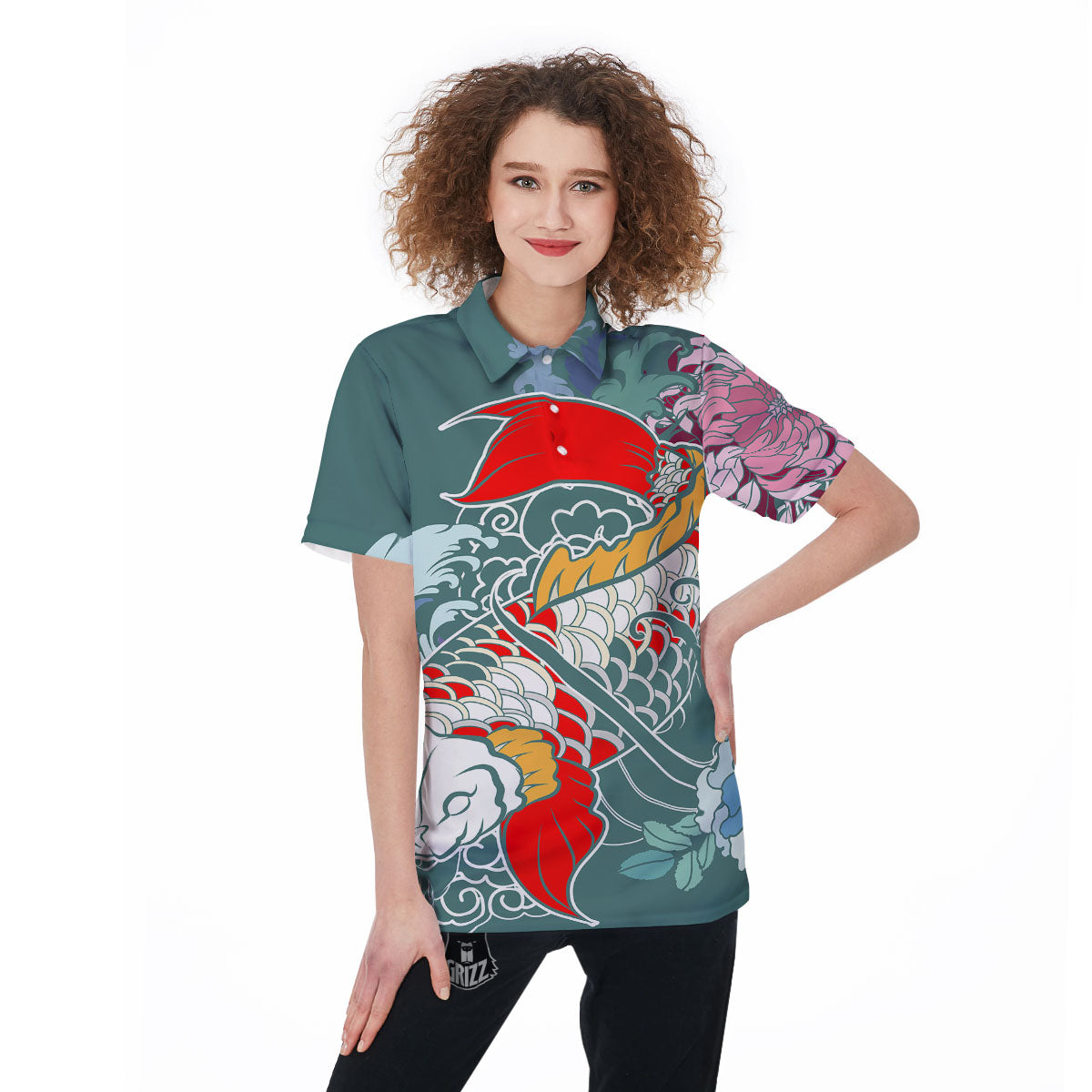 Tattoo Japanese Koi And Flower Print Women's Golf Shirts-grizzshop