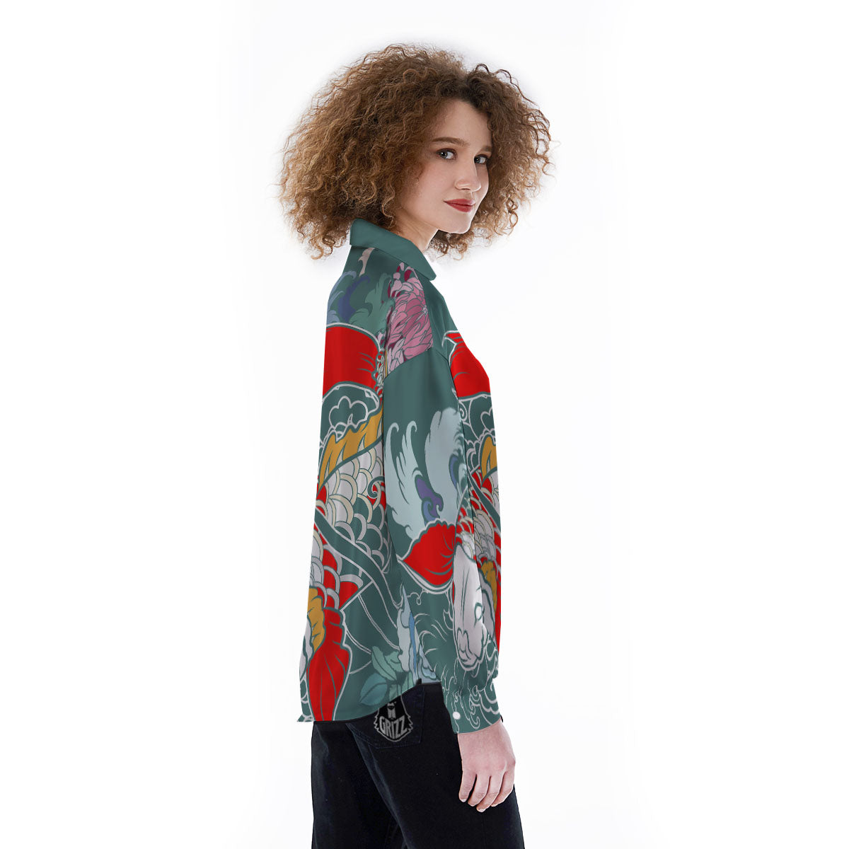 Tattoo Japanese Koi And Flower Print Women's Long Sleeve Shirts-grizzshop
