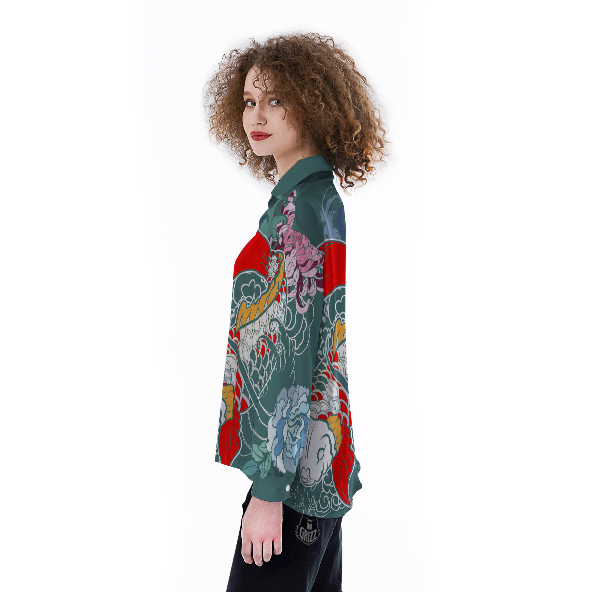 Tattoo Japanese Koi And Flower Print Women's Long Sleeve Shirts-grizzshop