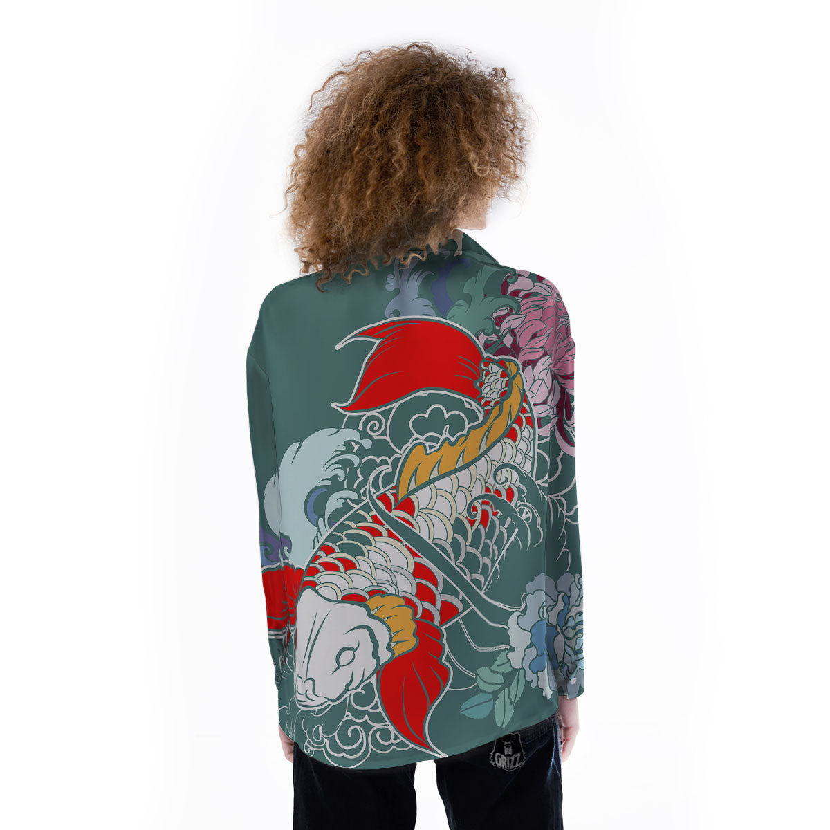 Tattoo Japanese Koi And Flower Print Women's Long Sleeve Shirts-grizzshop