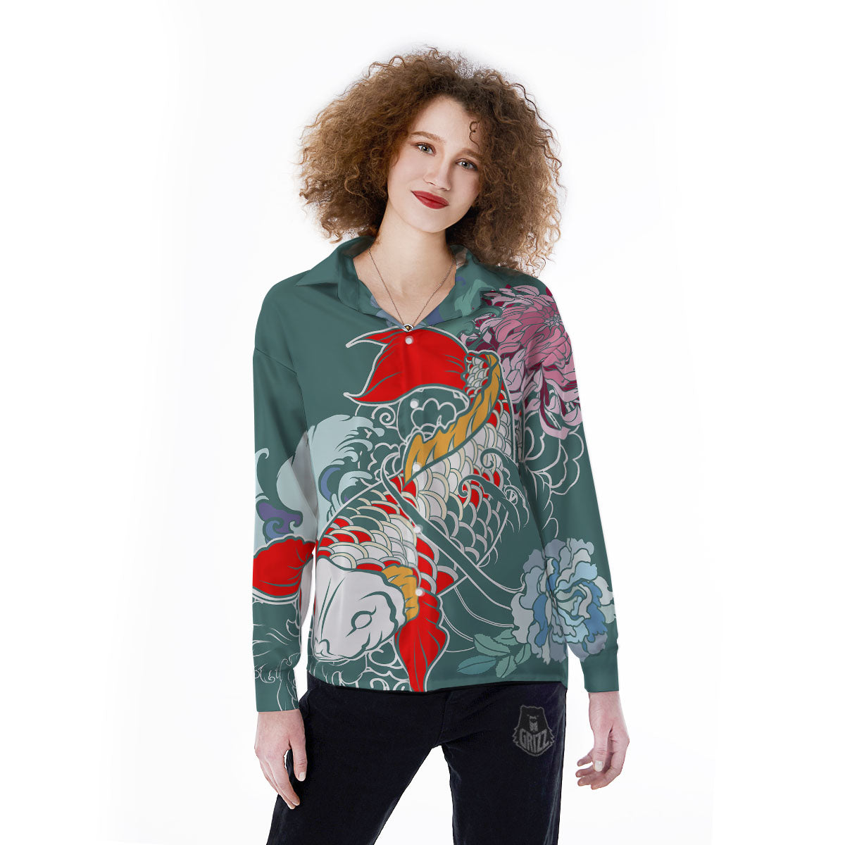 Tattoo Japanese Koi And Flower Print Women's Long Sleeve Shirts-grizzshop